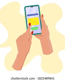 Hand holding mobile phone. Communication concept on white background. Social networking concept. 