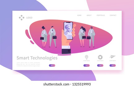 Hand Holding Mobile Phone Concept Landing Page. Bot Smart Technologies. Engineering Versus Business People. Artificial Intelligence Concept Website or Web Page. Flat Cartoon Vector Illustration.