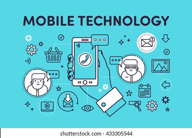 Hand holding mobile phone. Concept of communication in the network. Mobile technology. Line design website banner mobile app. Modern vector illustration for web design, marketing and print material.