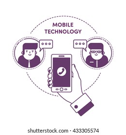 Hand holding mobile phone. Concept of communication in the network. Men talking. Mobile technology. Design website banner mobile app. Vector illustration for web design, marketing, print material.