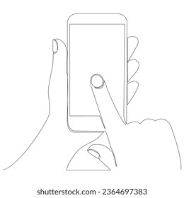 Hand holding mobile phone continuous line drawn. Smartphone in arms linear symbol. Vector illustration isolated on white.