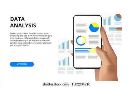 hand holding mobile phone data analysis report concept illustration for business, finance with graph, chart, bar