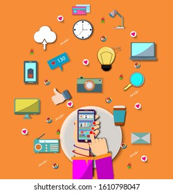 Hand holding mobile phone device with internet icons.He use application and connect on line.Calling service,contact,technology,love,Vector communicate and flat design vector.
