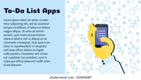 Hand holding mobile phone. To do list apps. Check list apps. The Art of Time Management. Illustration for the magazine.
