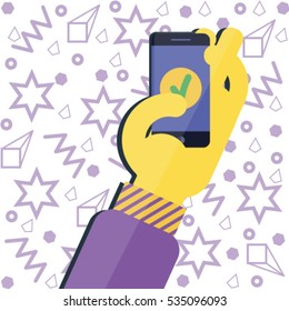 Hand holding mobile phone. To do list apps. Check list apps. The Art of Time Management. Modern pattern background
