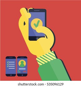 Hand holding mobile phone. To do list apps. Incoming phone call. Check list apps. The Art of Time Management
