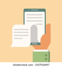 Mano sosteniendo el teléfono móvil con el documento en pantalla. ilustración de documento.