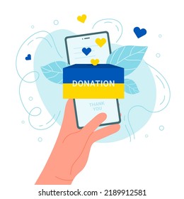 Hand holding mobile phone with donation box on screen. Hearts of volunteer in national yellow and blue colors help to Ukrainian people flat vector illustration. Support Ukraine, charity concept