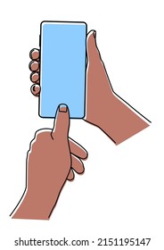 Hand holding mobile phone hand drawn with thin line