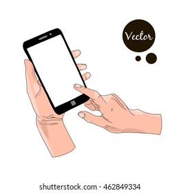 Hand holding mobile phone in hand drawn design style