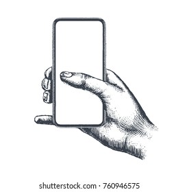 Hand Holding Mobile Phone. Hand Drawn Engraving Style Pen Crosshatch Hatching Paper Painting Retro Vintage Vector Lineart Illustration Of The Modern Smartphone