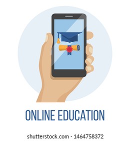 Hand holding mobile phone with educational app in the screen - distant e-learning e-learning education, training, online tutorial, e-learning concept. flat design vector illustration. science concept.