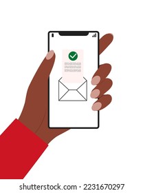 Hand holding a mobile phone with email symbol. Read message on phone. Sending a message, sms