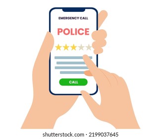 Hand holding mobile phone with emergency call to police emergency call services concept. vector illustration.