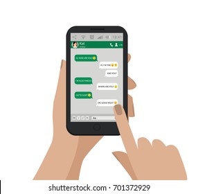 Hand holding mobile phone. Emoji. Green Chat speech bubbles. Vector illustration. 