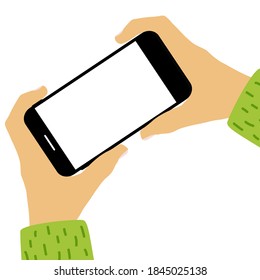 Mano sosteniendo el teléfono móvil con una plantilla de pantalla vacía. Se puede usar para publicidad . EPS10 de ilustración vectorial