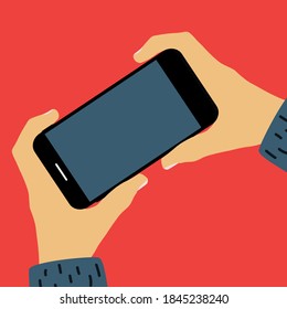 Hand holding mobile phone with empty screen template. Can be used for advertisment . Vector Illustration EPS10