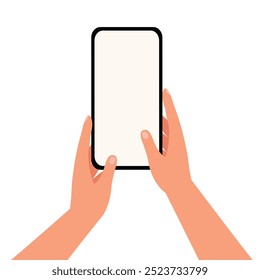 Hand holding mobile phone with empty screens, phone mock up and touching screen.