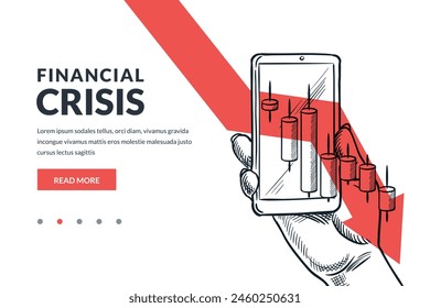 Hand holding mobile phone with falling down financial stock market chart on red arrow background. Hand drawn vector sketch illustration. Investment losses, economic crisis, bankruptcy concept