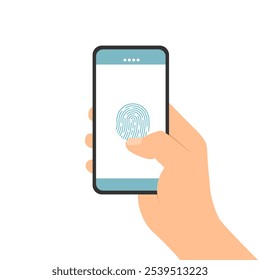 Hand holding mobile phone with finergprint, vector with transparent background