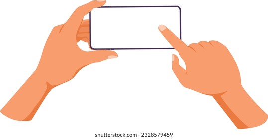 Hand holding mobile phone with finger tapping on blank screen, touch application menu, take foto,  record or play video on smartphone. Mock up, template. Flat vector illustration