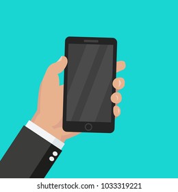 Hand holding mobile phone - flat style vector