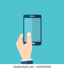 Hand holding mobile phone in flat design style