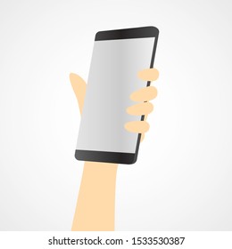 Hand holding mobile phone in flat design perspective. Vector. Illustration.