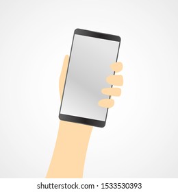 Hand holding mobile phone in flat design. Vector. Illustration