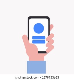 Hand holding mobile phone. Flat design style. Vector illustration.