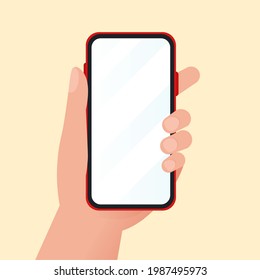 Hand holding mobile phone, flat design mockup. Vector isolated illustration