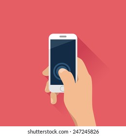 Hand Holding Mobile Phone In Flat Design Style