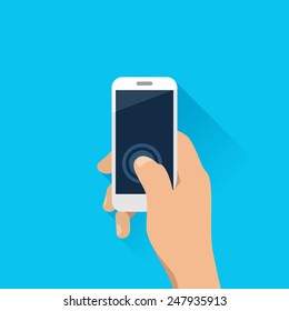 Hand holding mobile phone in flat design style