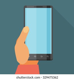 Hand holding Mobile phone. Flat icon whit long shadow. Vector illustration