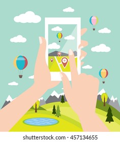 Hand holding mobile phone flat illustration. Mobile navigation