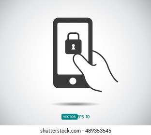 Hand holding with mobile phone in flat design style, logo vector illustration