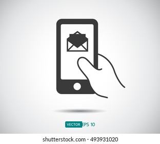 Hand holding with mobile phone in flat design style, mail logo vector illustration