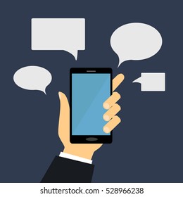 Hand holding mobile phone in flat design style