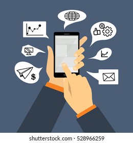 Hand holding mobile phone in flat design style