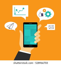 Hand holding mobile phone in flat design style