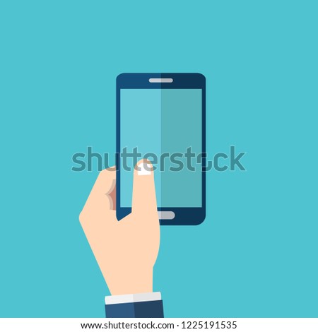 Hand holding mobile phone in flat design style