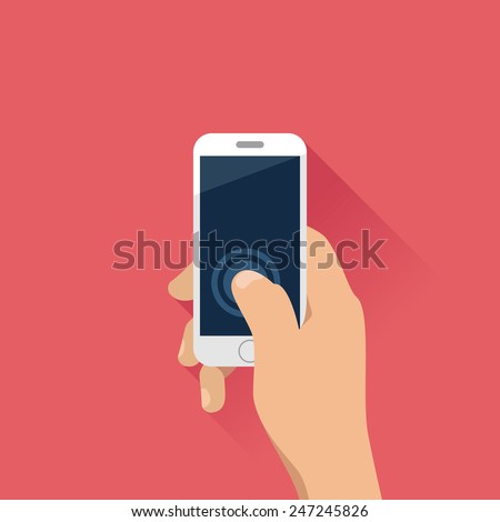Hand holding mobile phone in flat design style