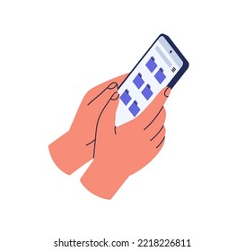 Hand holding mobile phone with folders on screen. Using business app for information, data storage in smartphone. Organizing and searching files. Flat vector illustration isolated on white background