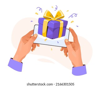 Hand holding mobile phone with gift box on screen. Gift online. Win online. Online gift delivery, celebration, party concept. Vector illustration