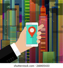 Hand holding mobile phone with gps app on the screen. Searching for a house. Flat design vector illustration