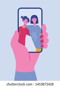 Hand holding mobile phone with happy girls displaying on screen. Friends posing for selfie, group of joyful people photographing themselves. Flat cartoon characters vector illustration