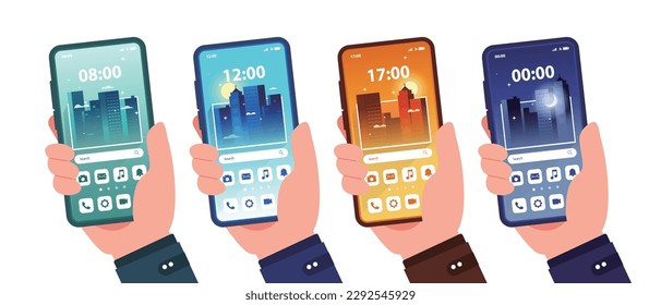 Hand holding mobile phone with home screen.Touchscreen with search bar.City vector illustration