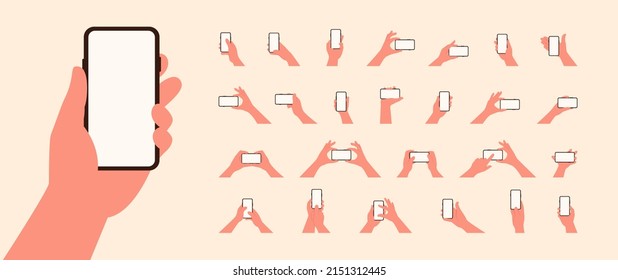 Hand holding mobile phone horizontally and vertically with blank screen illustration vector set in flat style isolated. Females and males palm is touching smartphone display with thumb finger. - Shutterstock ID 2151312445