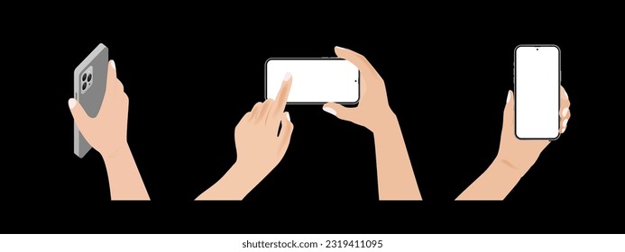 Hand holding mobile phone horizontally and vertically with blank screen illustration vector set in flat style isolated. Different gesture hands is touching smartphone display. Vector.