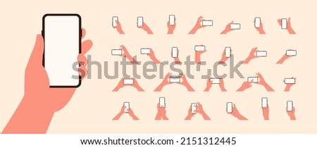 Hand holding mobile phone horizontally and vertically with blank screen illustration vector set in flat style isolated. Females and males palm is touching smartphone display with thumb finger. Imagine de stoc © 